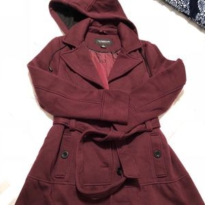 Burgundy coat with belt and hood.